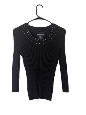 Requirements Black Ribbed Studded Neck Long Sleeve Blouse Women Sz S
